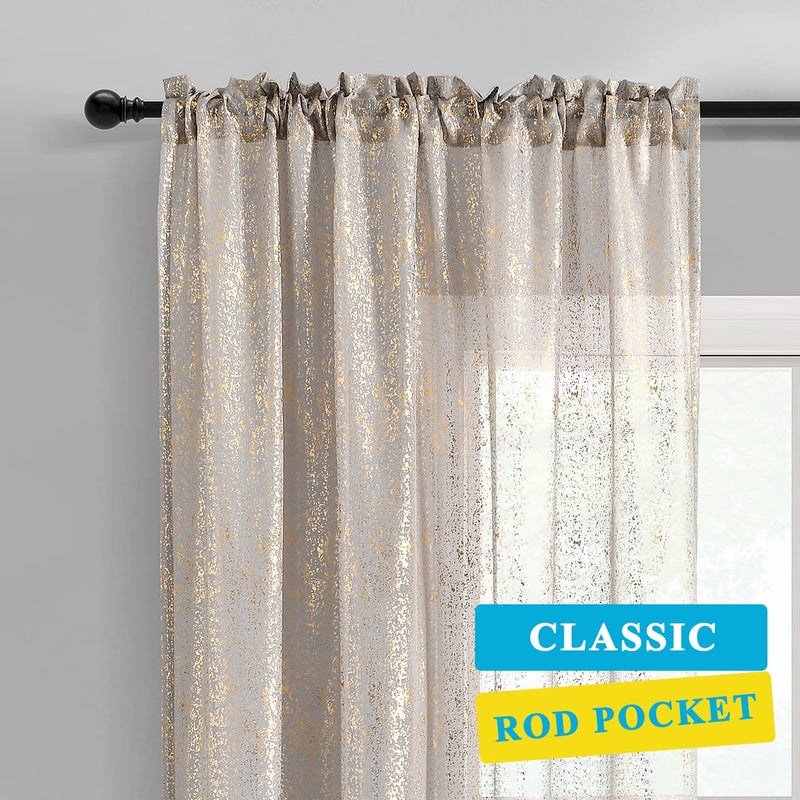 TERLYTEX Grey Gold Sheer Curtains for Short Windows, Metallic Foil Sparkle 45 Inch Length Cafe 2 Panels, Rod Pocket Glitter 52 x 45 Inch - Image 3