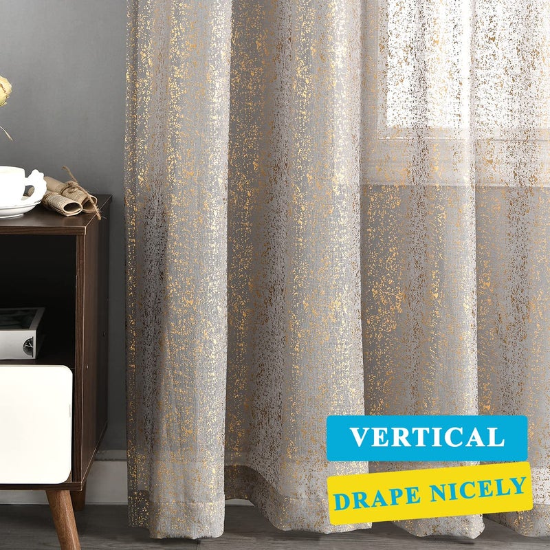TERLYTEX Grey Gold Sheer Curtains for Short Windows, Metallic Foil Sparkle 45 Inch Length Cafe 2 Panels, Rod Pocket Glitter 52 x 45 Inch - Image 5