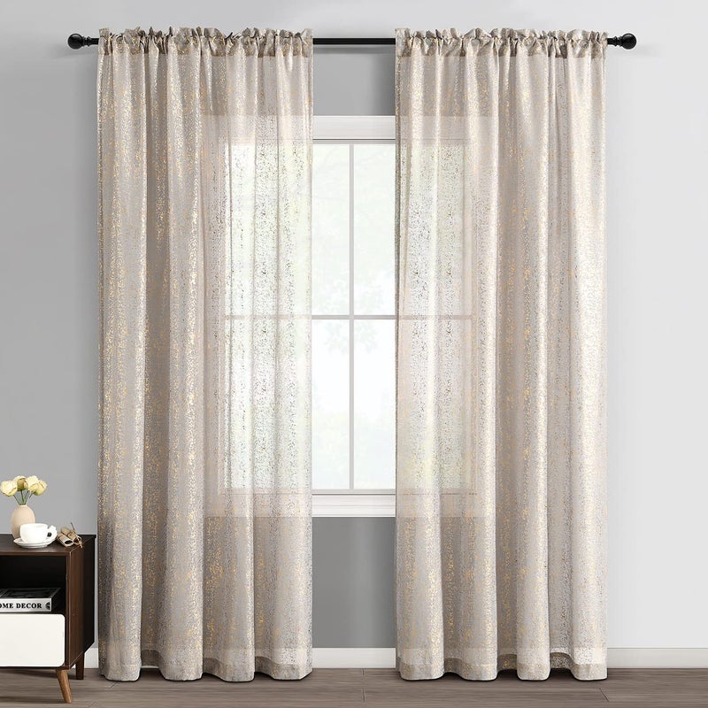 TERLYTEX Grey Gold Sheer Curtains for Short Windows, Metallic Foil Sparkle 45 Inch Length Cafe 2 Panels, Rod Pocket Glitter 52 x 45 Inch - Image 2