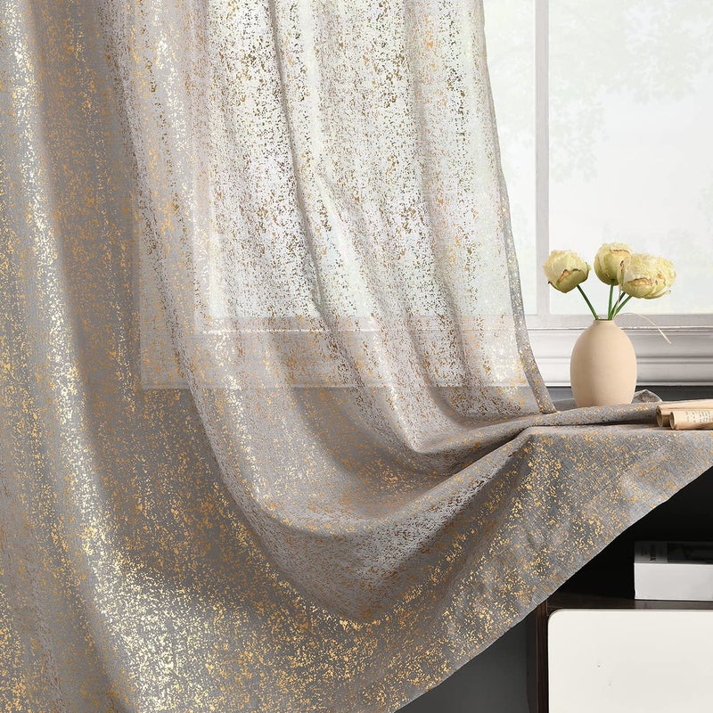 TERLYTEX Grey Gold Sheer Curtains for Short Windows, Metallic Foil Sparkle 45 Inch Length Cafe 2 Panels, Rod Pocket Glitter 52 x 45 Inch - Image 1