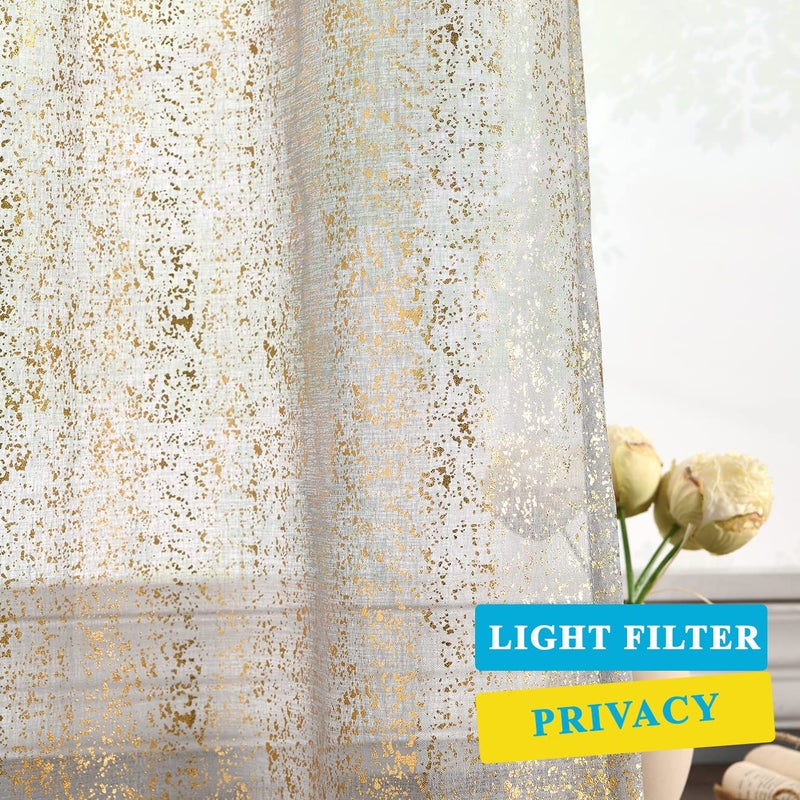TERLYTEX Grey Gold Sheer Curtains for Short Windows, Metallic Foil Sparkle 45 Inch Length Cafe 2 Panels, Rod Pocket Glitter 52 x 45 Inch - Image 4