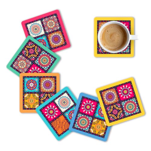 Brizberry® Premium Mandala Ethnic Square Wooden Coasters, Diwali Gift, Fit for Tea Cups, Coffee Mugs and Glasses 4 8 12 (3.5X3.5 Inch) Square 9 (Set of 6) - Image 1
