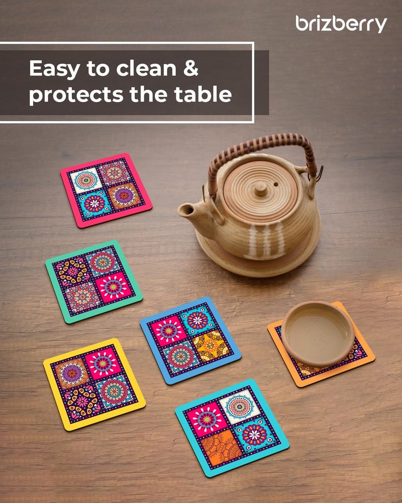 Brizberry® Premium Mandala Ethnic Square Wooden Coasters, Diwali Gift, Fit for Tea Cups, Coffee Mugs and Glasses 4 8 12 (3.5X3.5 Inch) Square 9 (Set of 6) - Image 4
