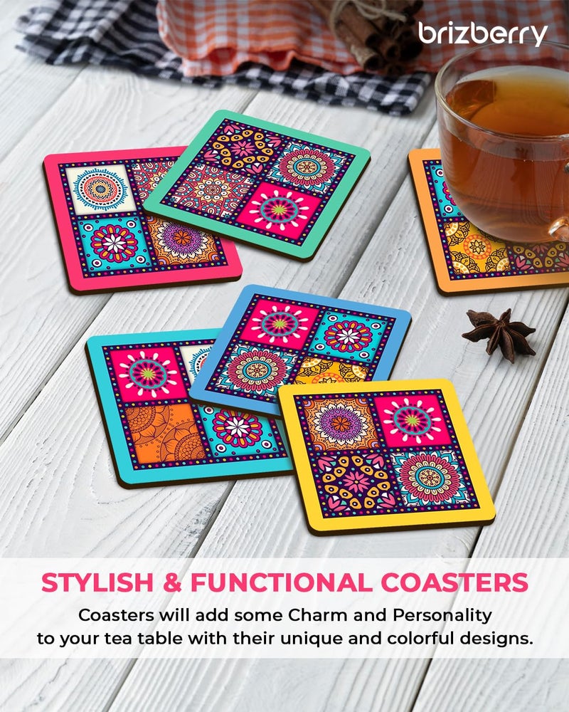 Brizberry® Premium Mandala Ethnic Square Wooden Coasters, Diwali Gift, Fit for Tea Cups, Coffee Mugs and Glasses 4 8 12 (3.5X3.5 Inch) Square 9 (Set of 6) - Image 5