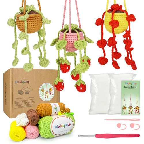 WaldyWop Crochet Kit for Beginners: 3 PCS Hanging Potted Crochet Plants Kits for Adults Kids 8-12 - Easy Video Tutorials & Printed Instructions & 40% Extra Yarn - DIY Birthday Gift Set for Girls Women - Image 1