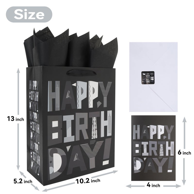 wishinside 13â€ Large Black Happy Birthday Gift Bag Set with Handles, Greeting Card, Tissue Papers and Stickers for Men Boys Kids Teens, Cartoon Design, 1 Pcs - Image 2
