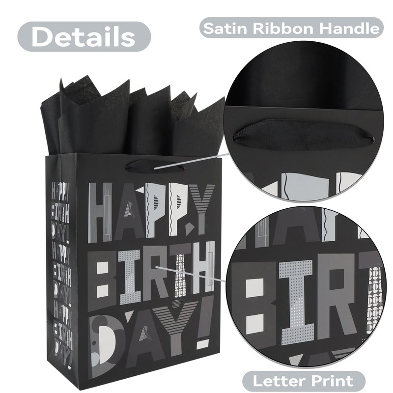 wishinside 13â€ Large Black Happy Birthday Gift Bag Set with Handles, Greeting Card, Tissue Papers and Stickers for Men Boys Kids Teens, Cartoon Design, 1 Pcs - Image 4