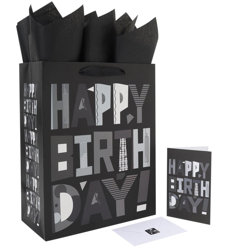 wishinside 13â€ Large Black Happy Birthday Gift Bag Set with Handles, Greeting Card, Tissue Papers and Stickers for Men Boys Kids Teens, Cartoon Design, 1 Pcs - Image 1