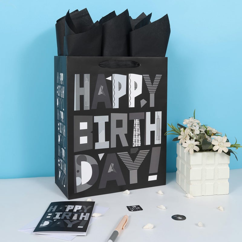wishinside 13â€ Large Black Happy Birthday Gift Bag Set with Handles, Greeting Card, Tissue Papers and Stickers for Men Boys Kids Teens, Cartoon Design, 1 Pcs - Image 5
