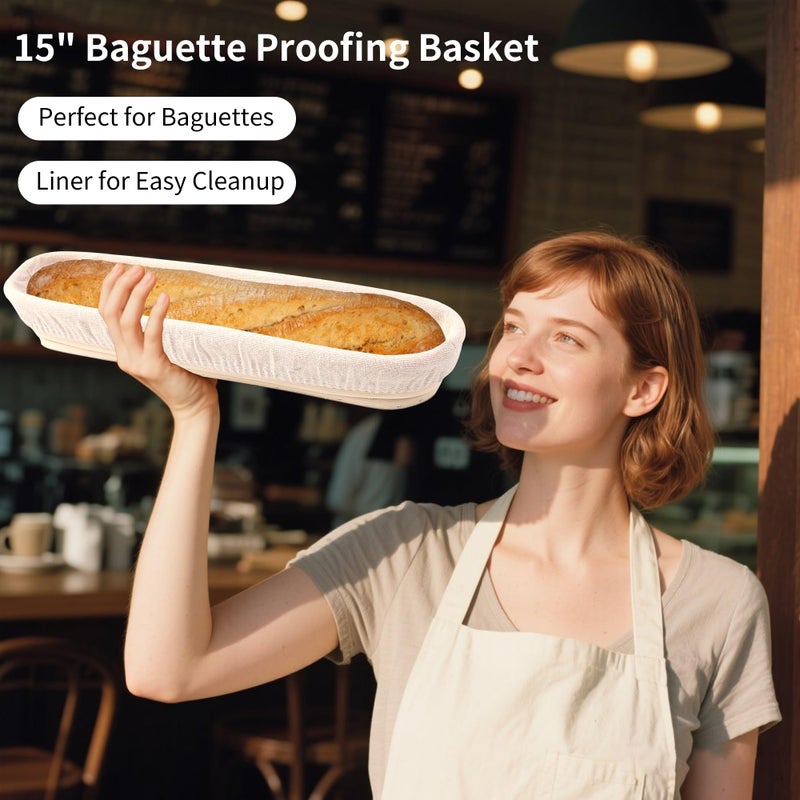 ifory Banneton Bread Proofing Basket - 15 Inch Baguette Sourdough Bread Basket with Liner - Set of 2- Natural Rattan - Image 2