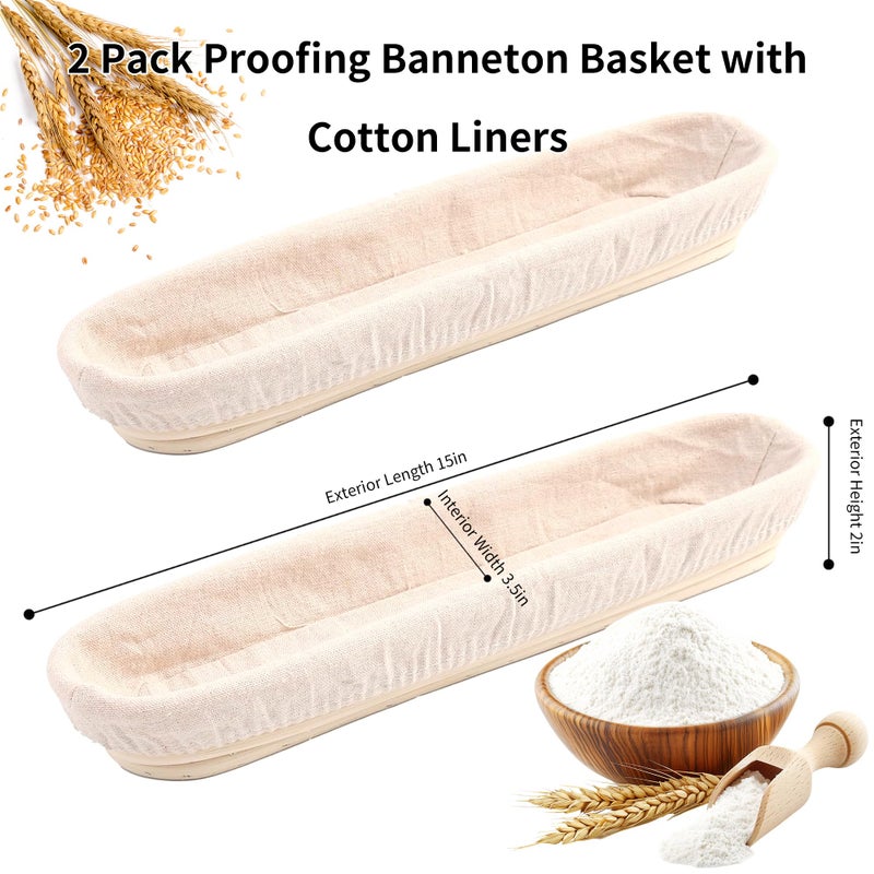 ifory Banneton Bread Proofing Basket - 15 Inch Baguette Sourdough Bread Basket with Liner - Set of 2- Natural Rattan - Image 3