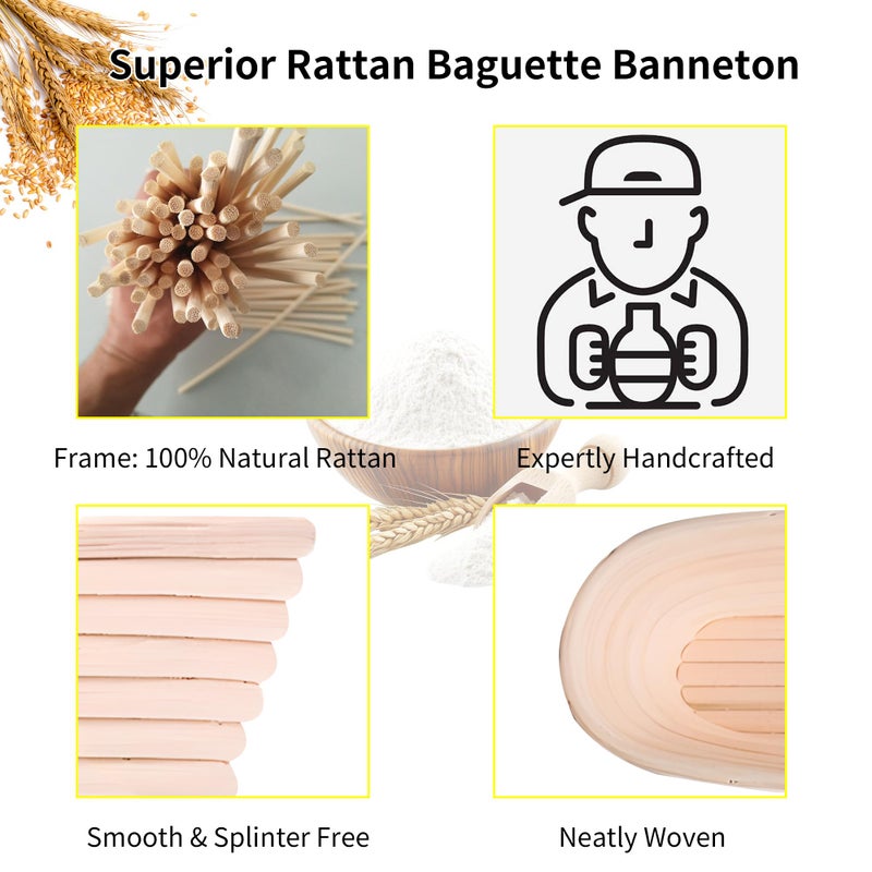 ifory Banneton Bread Proofing Basket - 15 Inch Baguette Sourdough Bread Basket with Liner - Set of 2- Natural Rattan - Image 4