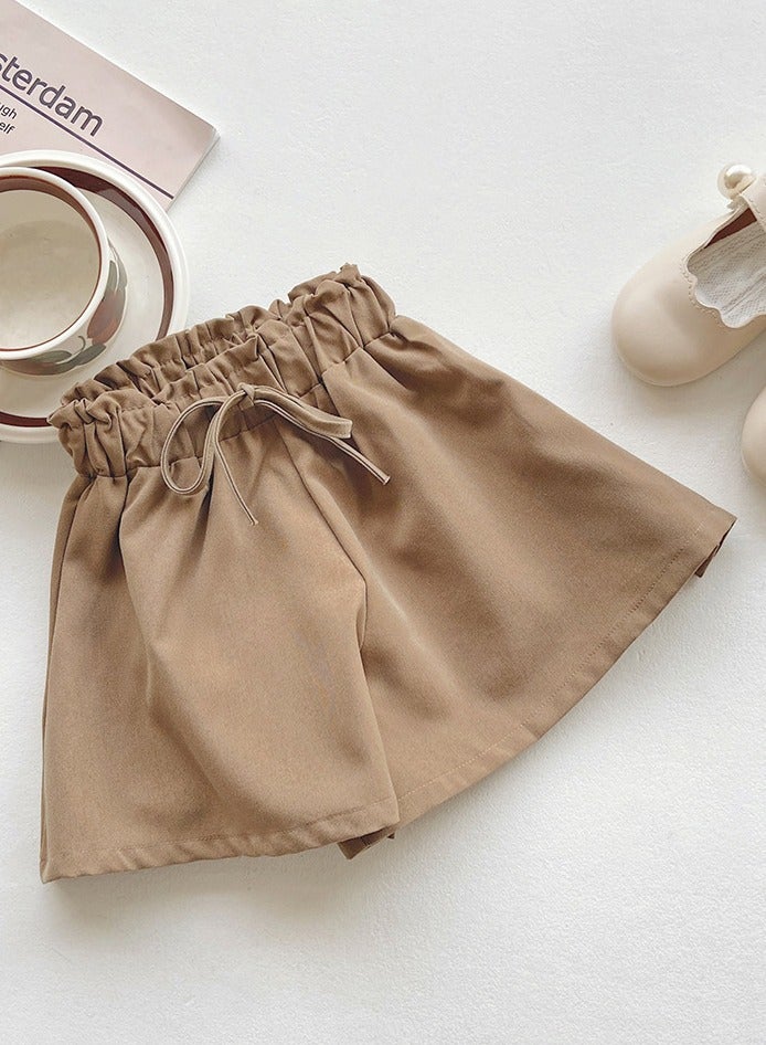 Loquat Girls Solid Color Elastic Waist Wide Leg Shorts Summer Casual Wear Khaki - Image 1