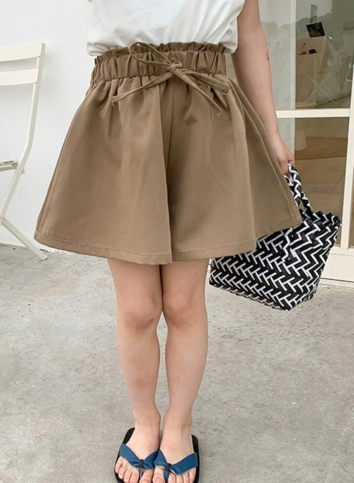 Loquat Girls Solid Color Elastic Waist Wide Leg Shorts Summer Casual Wear Khaki - Image 2