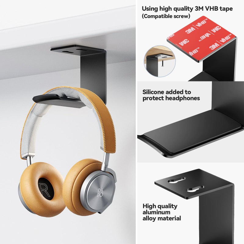 Yocice Headphone Stand Hanger,Headset Holder Mount,Aluminum Hook with Strong Adhesive Tape for Headphones (H02-Black-1PCS) - Image 2