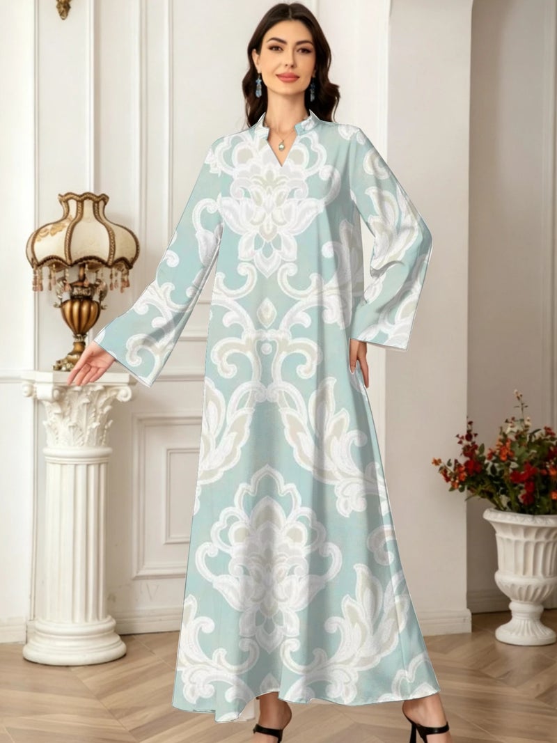 Light-lue Damask Floral Print Stand Collar Abaya - Image 2