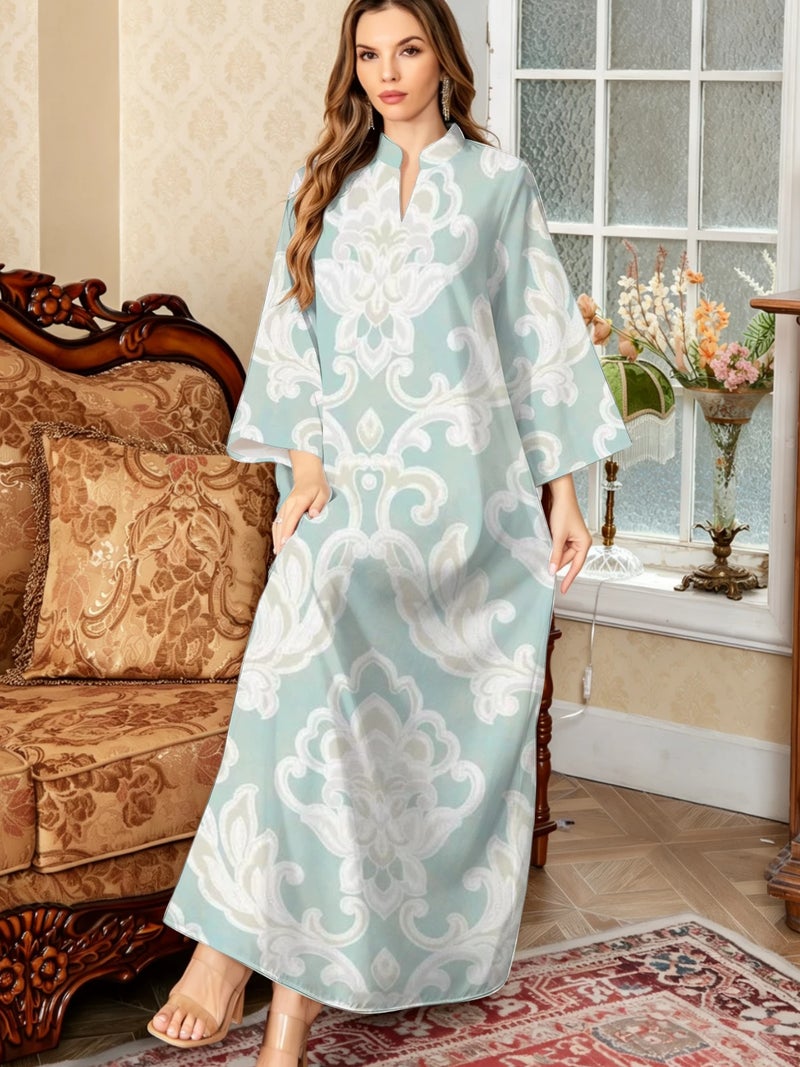 Light-lue Damask Floral Print Stand Collar Abaya - Image 3