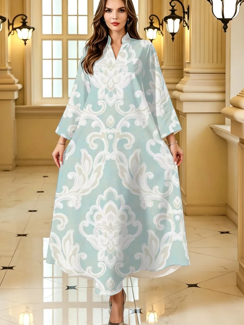 Light-lue Damask Floral Print Stand Collar Abaya - Image 1