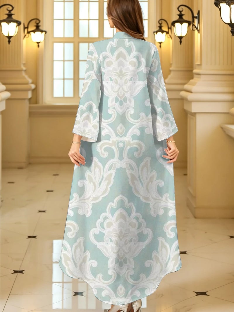 Light-lue Damask Floral Print Stand Collar Abaya - Image 4