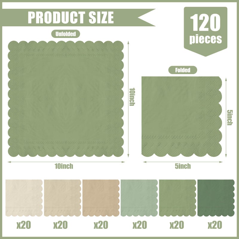 Whaline 120Pcs Sage Green Nude Cocktail Napkin 6 Colors Scalloped Disposable Paper Napkin Multi-colored Beverage Napkin for Home Bar Table Party Decor Supplies - Image 1