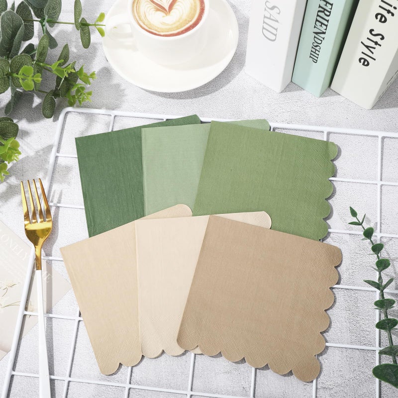 Whaline 120Pcs Sage Green Nude Cocktail Napkin 6 Colors Scalloped Disposable Paper Napkin Multi-colored Beverage Napkin for Home Bar Table Party Decor Supplies - Image 2