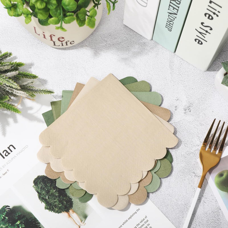 Whaline 120Pcs Sage Green Nude Cocktail Napkin 6 Colors Scalloped Disposable Paper Napkin Multi-colored Beverage Napkin for Home Bar Table Party Decor Supplies - Image 4