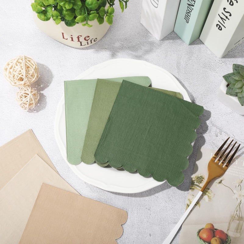 Whaline 120Pcs Sage Green Nude Cocktail Napkin 6 Colors Scalloped Disposable Paper Napkin Multi-colored Beverage Napkin for Home Bar Table Party Decor Supplies - Image 3