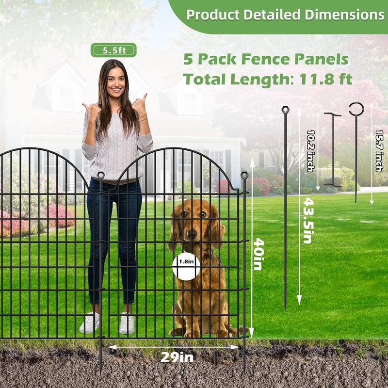 Blingluck 5 Panels Decorative Garden Fencing with Gate for Yard, 40in (H) x 11.8ft (L) No Dig Animal Barrier Fence, Rustproof Metal Wire Outdoor Dog Fences Panel Border with Temporary Ground Stakes - Image 2