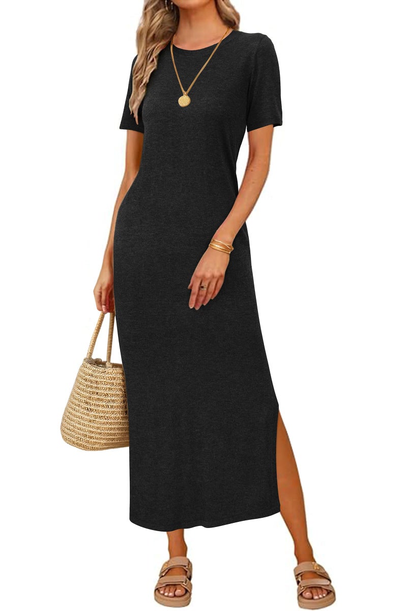 Arach&Cloz Womens Summer Wool Blend T Shirt Maxi Dress 2026 Spring Casual Short Sleeve Crew Neck Slit Fashion Sweater Knit Long Dresses Trendy Travel Vacation Outfits Black S - Image 1