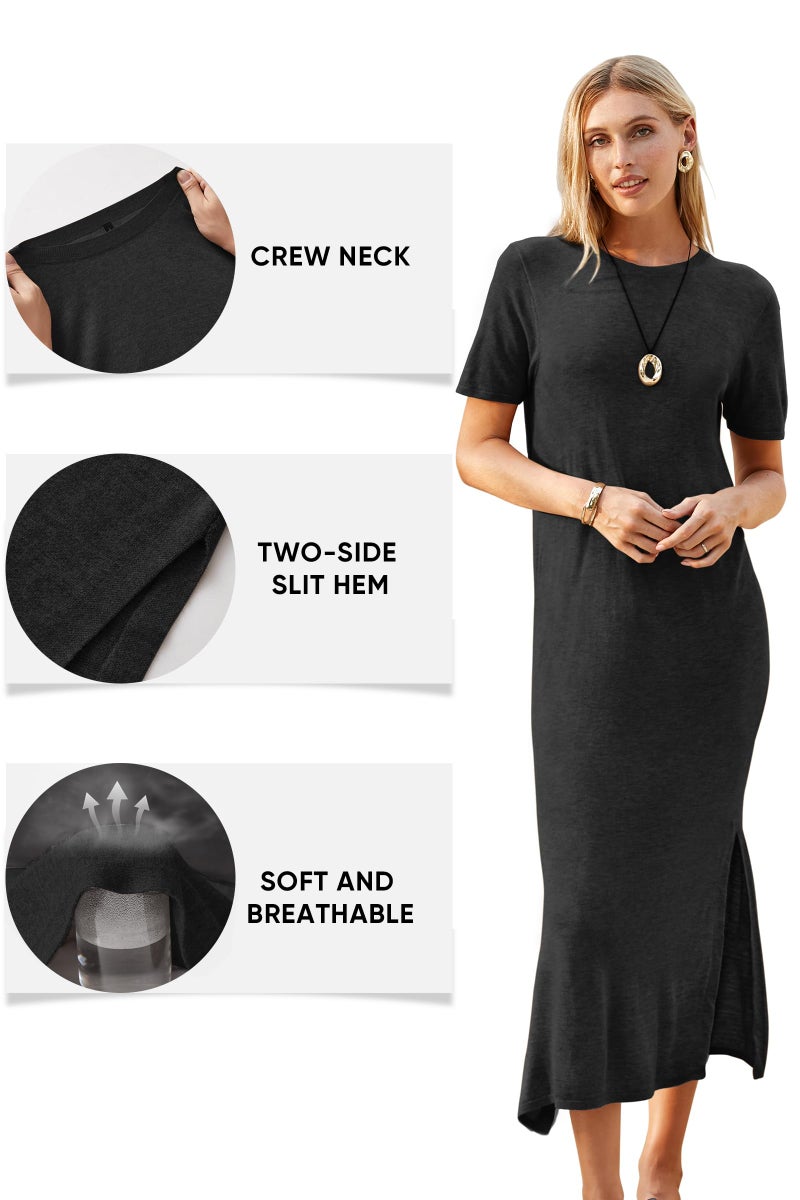 Arach&Cloz Womens Summer Wool Blend T Shirt Maxi Dress 2026 Spring Casual Short Sleeve Crew Neck Slit Fashion Sweater Knit Long Dresses Trendy Travel Vacation Outfits Black S - Image 4