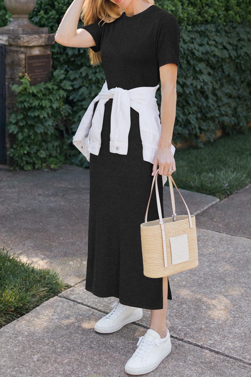 Arach&Cloz Womens Summer Wool Blend T Shirt Maxi Dress 2026 Spring Casual Short Sleeve Crew Neck Slit Fashion Sweater Knit Long Dresses Trendy Travel Vacation Outfits Black S - Image 5