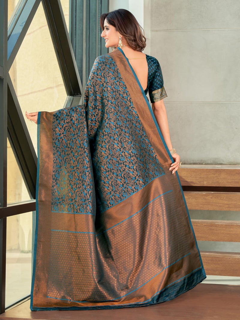 Glory Sarees Women's Pure Kanjivaram Soft Banarasi Original Satin Silk Saree Elegantly Crafted Graceful Wedding Design With Blouse Piece (Satin Silk103_Firozi) - Image 4