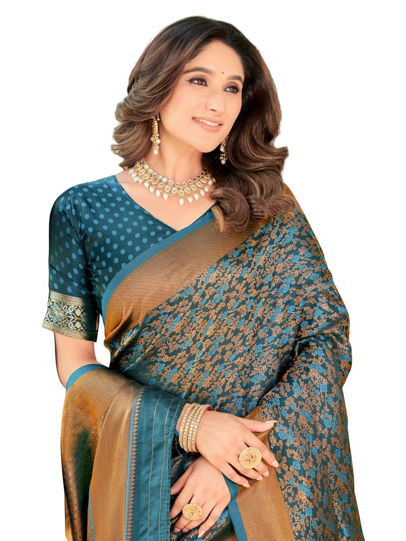 Glory Sarees Women's Pure Kanjivaram Soft Banarasi Original Satin Silk Saree Elegantly Crafted Graceful Wedding Design With Blouse Piece (Satin Silk103_Firozi) - Image 1