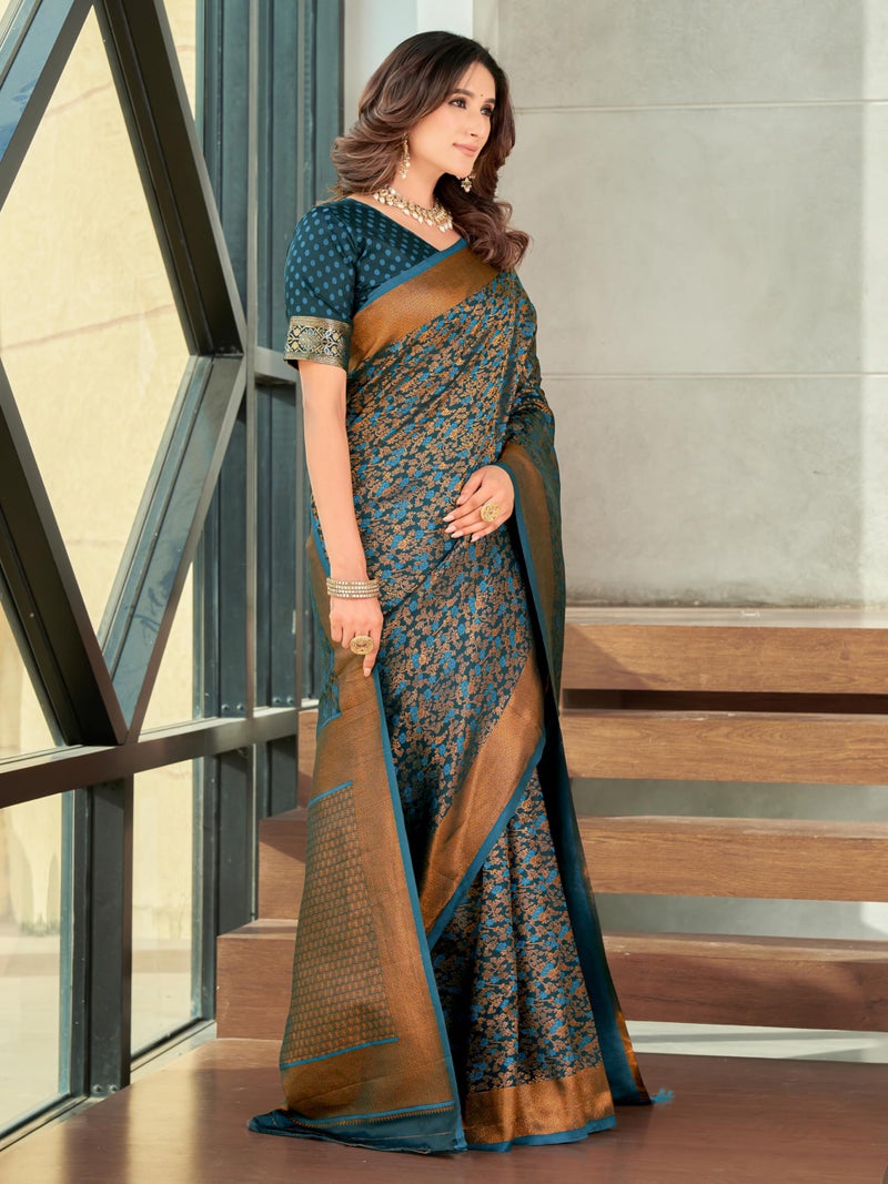 Glory Sarees Women's Pure Kanjivaram Soft Banarasi Original Satin Silk Saree Elegantly Crafted Graceful Wedding Design With Blouse Piece (Satin Silk103_Firozi) - Image 5