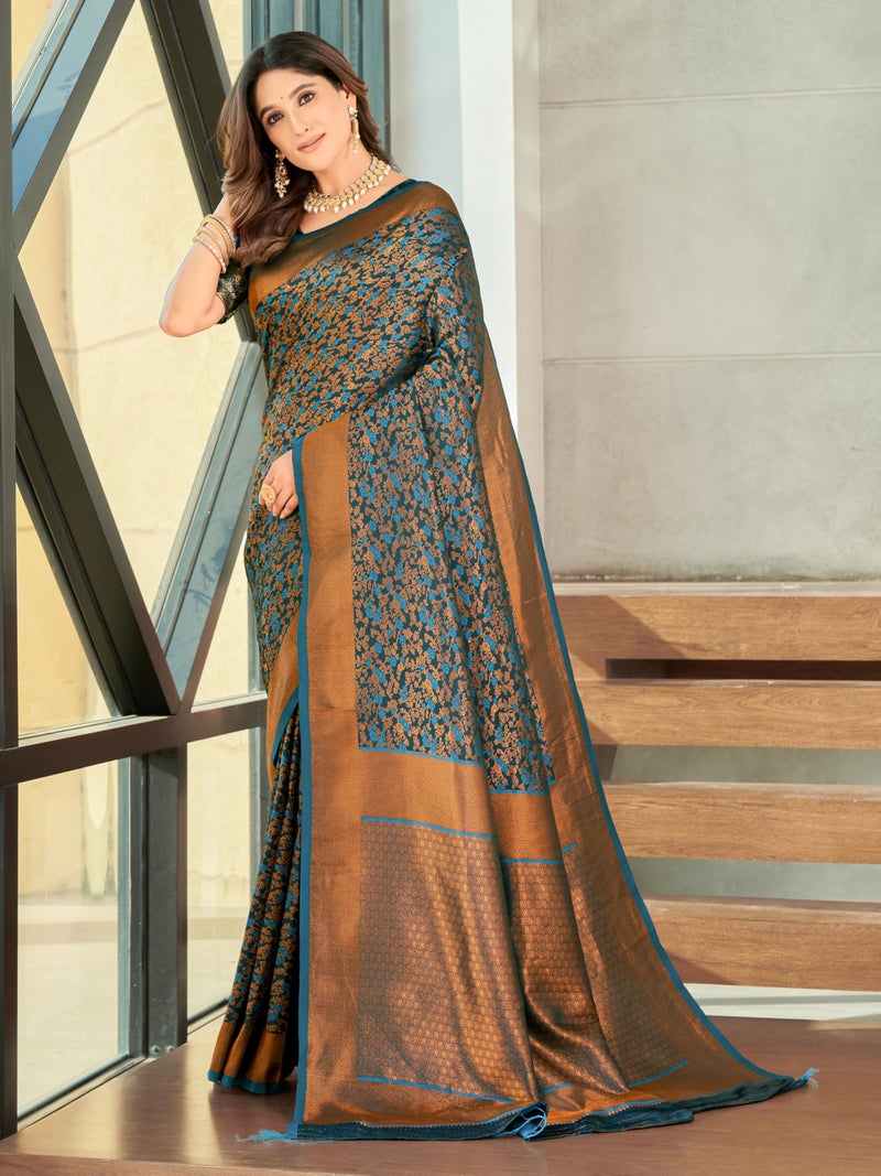 Glory Sarees Women's Pure Kanjivaram Soft Banarasi Original Satin Silk Saree Elegantly Crafted Graceful Wedding Design With Blouse Piece (Satin Silk103_Firozi) - Image 3