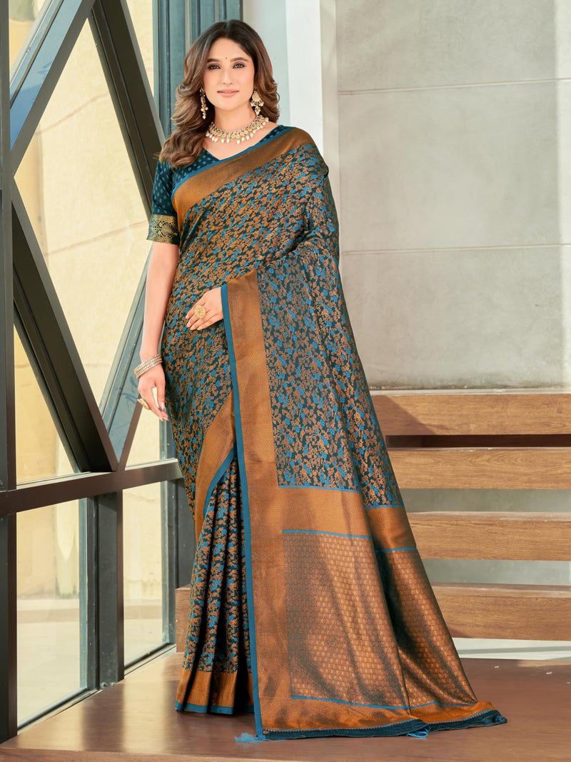 Glory Sarees Women's Pure Kanjivaram Soft Banarasi Original Satin Silk Saree Elegantly Crafted Graceful Wedding Design With Blouse Piece (Satin Silk103_Firozi) - Image 2