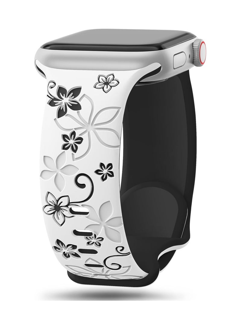 Floral Engraved Bands Compatible with Apple Watch Band 42mm 41mm 40mm 38mm for Women,Cute Flower iWatch Bands Soft Silicone Sport Strap for iWatch Series SE 10 9 8 7 6 5 4 3 Ultra - Image 1