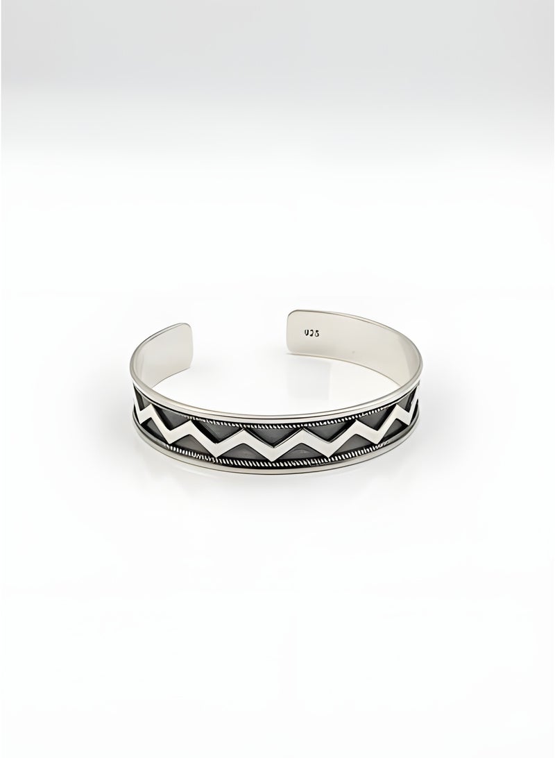 FINE SILVER 925 Sterling Silver Men's Cuff Bracelet with Bold Zigzag Pattern and Oxidized Vintage Design - Image 1