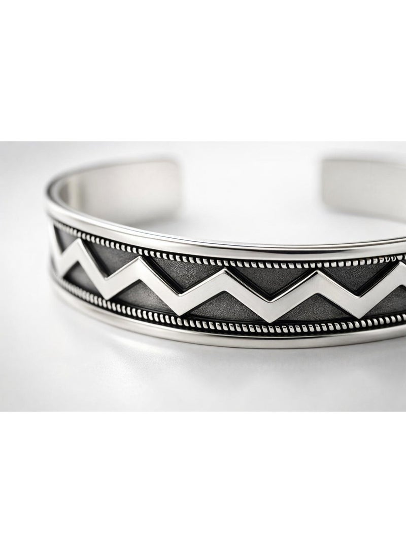 FINE SILVER 925 Sterling Silver Men's Cuff Bracelet with Bold Zigzag Pattern and Oxidized Vintage Design - Image 4