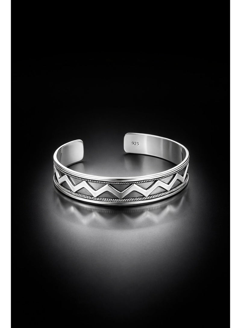 FINE SILVER 925 Sterling Silver Men's Cuff Bracelet with Bold Zigzag Pattern and Oxidized Vintage Design - Image 3