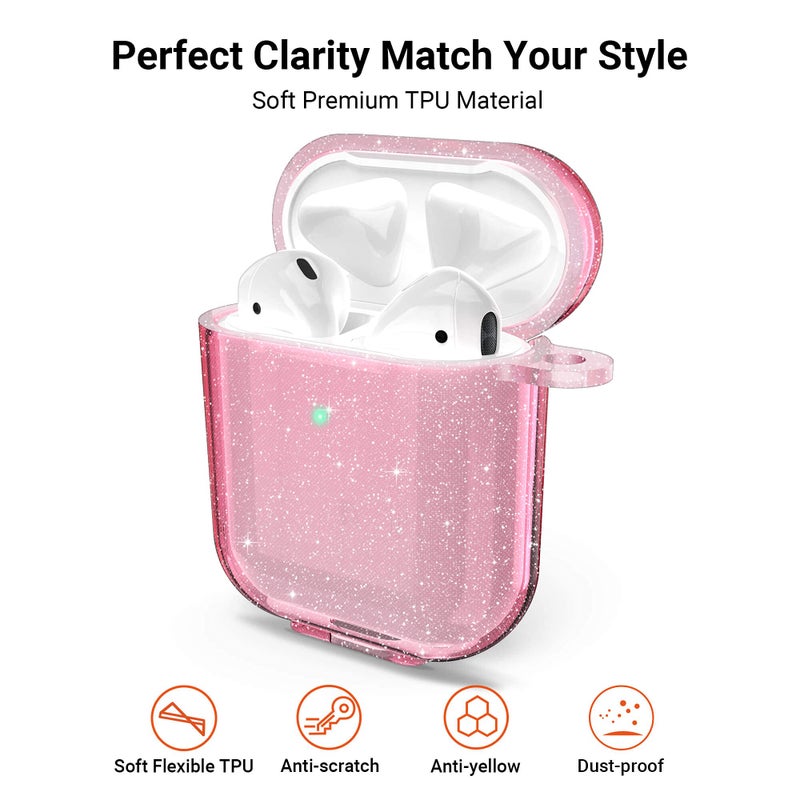 ULAK Compatible with AirPods Case Cover, Clear AirPods 2nd Generation Protective Cover Soft TPU Transparent Shockproof Case Accessories with Keychain for AirPod 2 & 1 [Front Led Visible]-Pink Glitter - Image 2