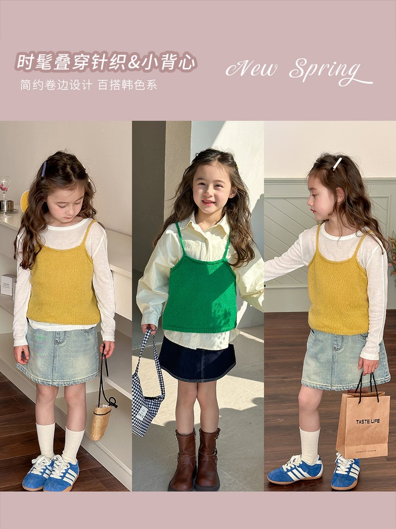 Aimo Beibei Spring Layering Items~ Girls'' Stylish Solid Color Versatile Korean-Style Knitted Camisole Tank Top - Image 2