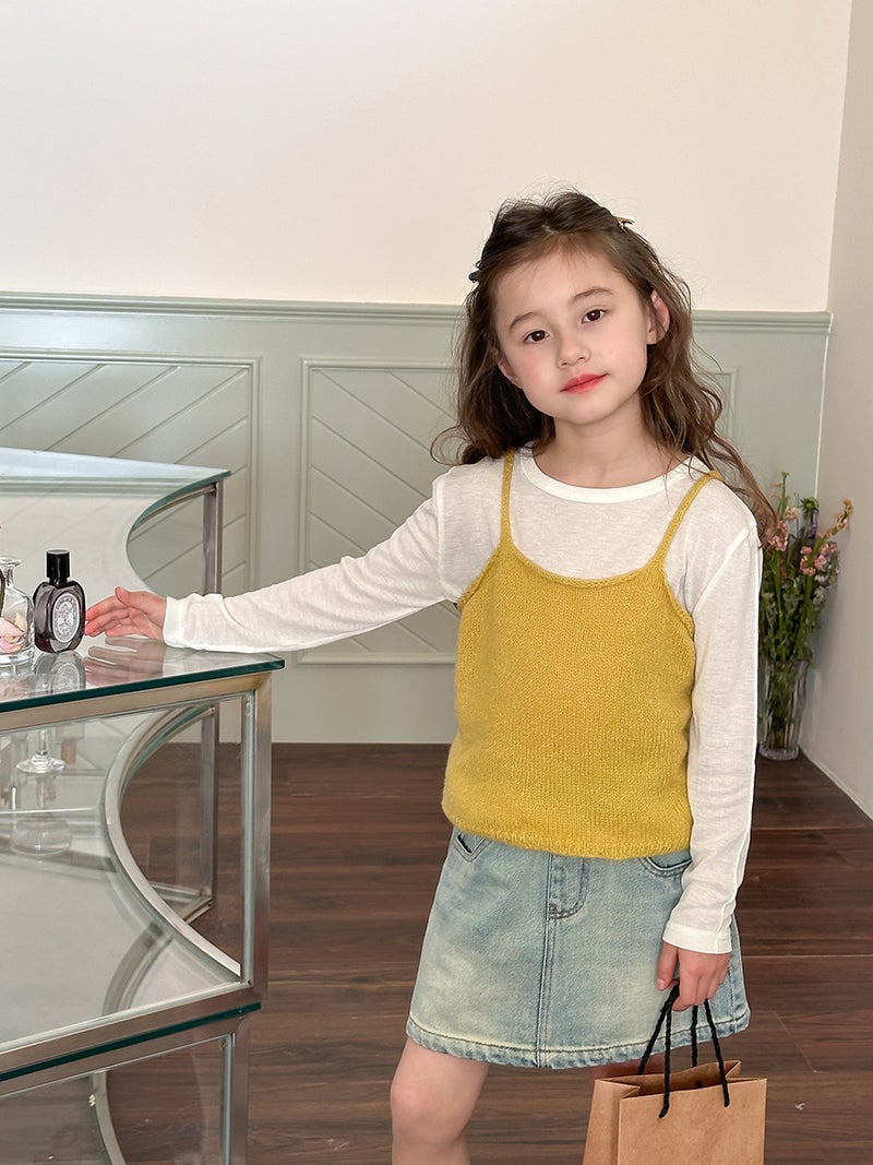 Aimo Beibei Spring Layering Items~ Girls'' Stylish Solid Color Versatile Korean-Style Knitted Camisole Tank Top - Image 3
