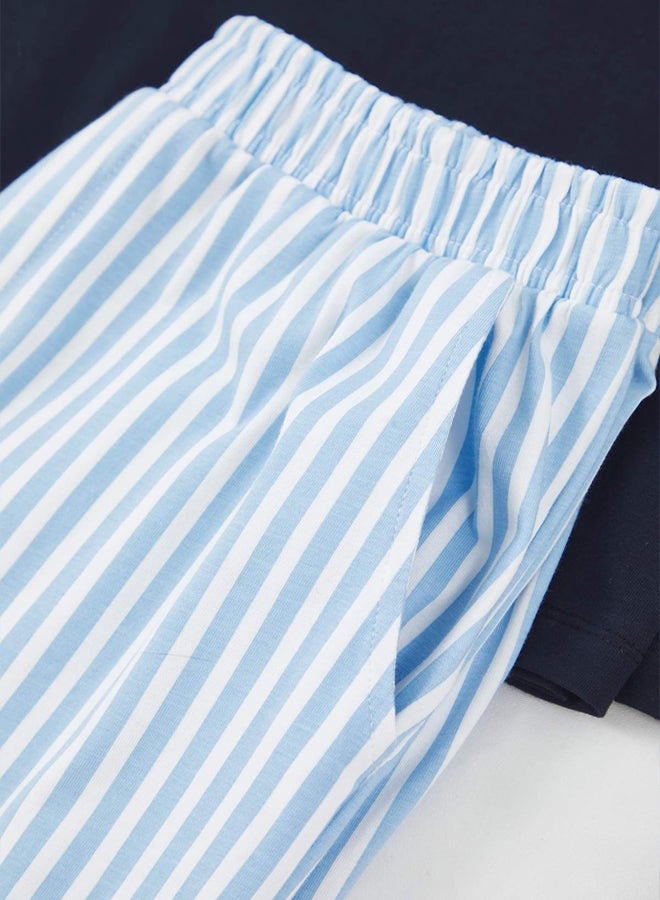 trendyol Navy Blue Regular Fit Embroidered Six Stripes Knitted Pajama Set - Image 2