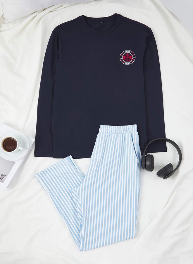 trendyol Navy Blue Regular Fit Embroidered Six Stripes Knitted Pajama Set - Image 1