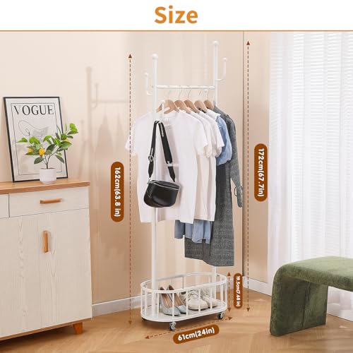 BOOSDEN Metal Clothing Rack with Wheels, Rolling Clothes Racks for Hanging Clothes, Standing Garment Rack with Storage Shelf and 4 Hooks, Clothes Hanger Racks for Bedroom, Closet, Living-room, White - Image 2