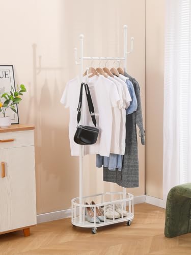 BOOSDEN Metal Clothing Rack with Wheels, Rolling Clothes Racks for Hanging Clothes, Standing Garment Rack with Storage Shelf and 4 Hooks, Clothes Hanger Racks for Bedroom, Closet, Living-room, White - Image 1