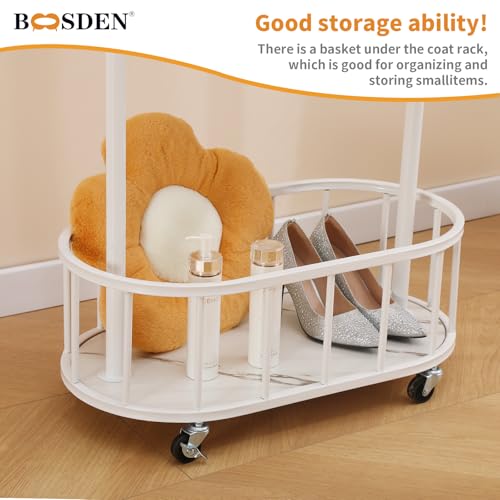 BOOSDEN Metal Clothing Rack with Wheels, Rolling Clothes Racks for Hanging Clothes, Standing Garment Rack with Storage Shelf and 4 Hooks, Clothes Hanger Racks for Bedroom, Closet, Living-room, White - Image 5
