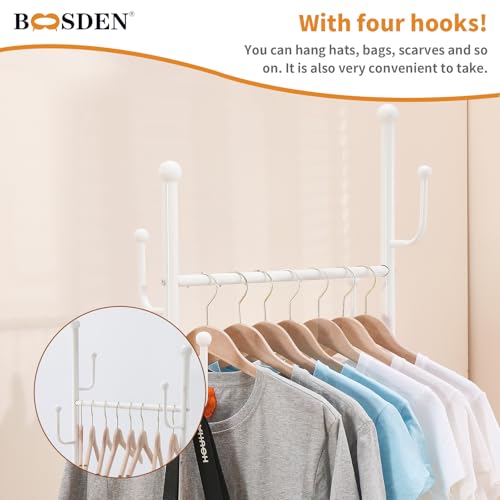 BOOSDEN Metal Clothing Rack with Wheels, Rolling Clothes Racks for Hanging Clothes, Standing Garment Rack with Storage Shelf and 4 Hooks, Clothes Hanger Racks for Bedroom, Closet, Living-room, White - Image 4