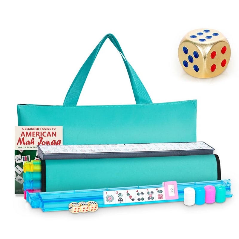 FARINOK American Mahjong Tile Set, 166 White Tiles with Light Green Bag and Accessories, 4 All-in-One Color Pusher and Racks, Mah jongg Sets with 3 Golden Dics (Ma Jong) - Image 1